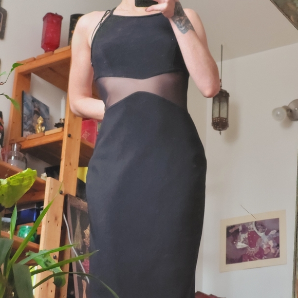 90s Rampage Vintage Deadstock Black Maxi Dress with Sheer Waist Detail - Size 9 - Picture 2 of 7